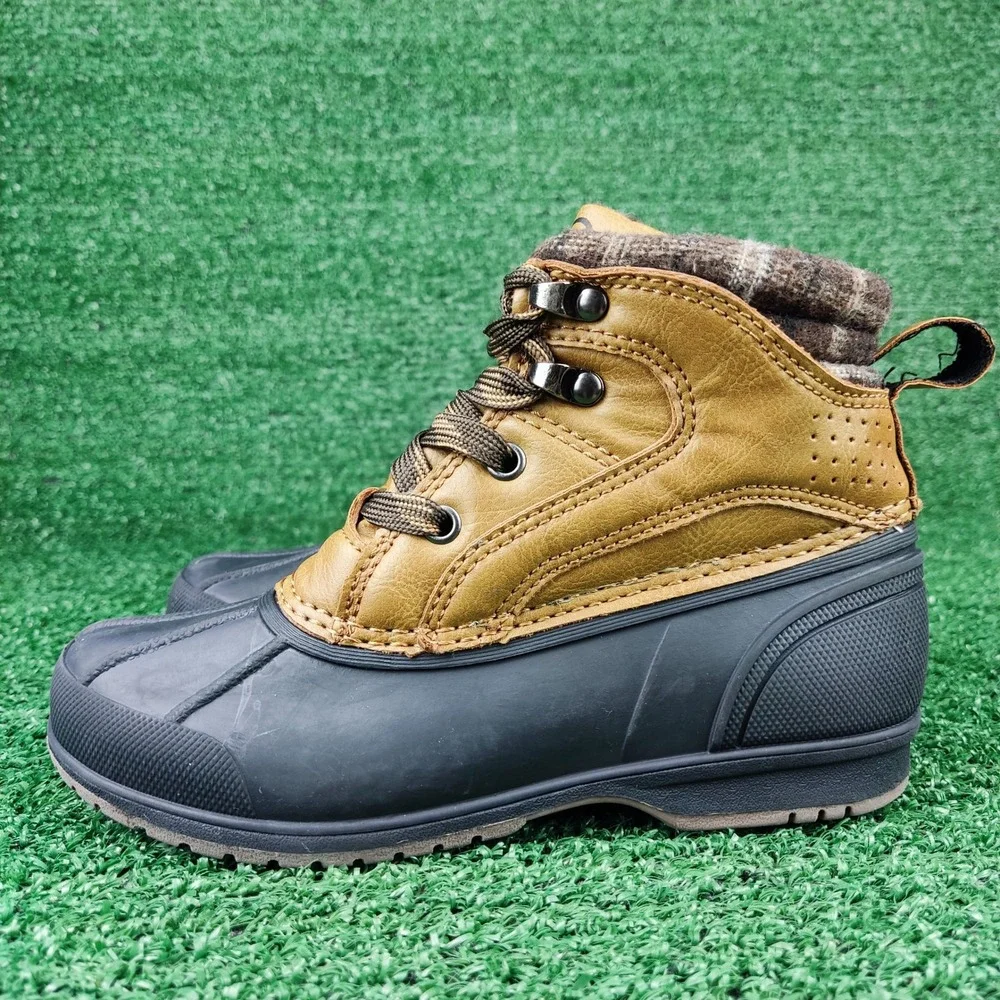 Magellan Duck Boots Boys 12D Tan Black Plaid Collar Lace Up Winter Rain Boots